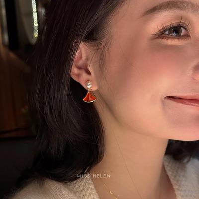MISS HELEN小扇子耳环裙子轻奢耳夹女扇形天然珍珠耳饰精致耳钉冬
