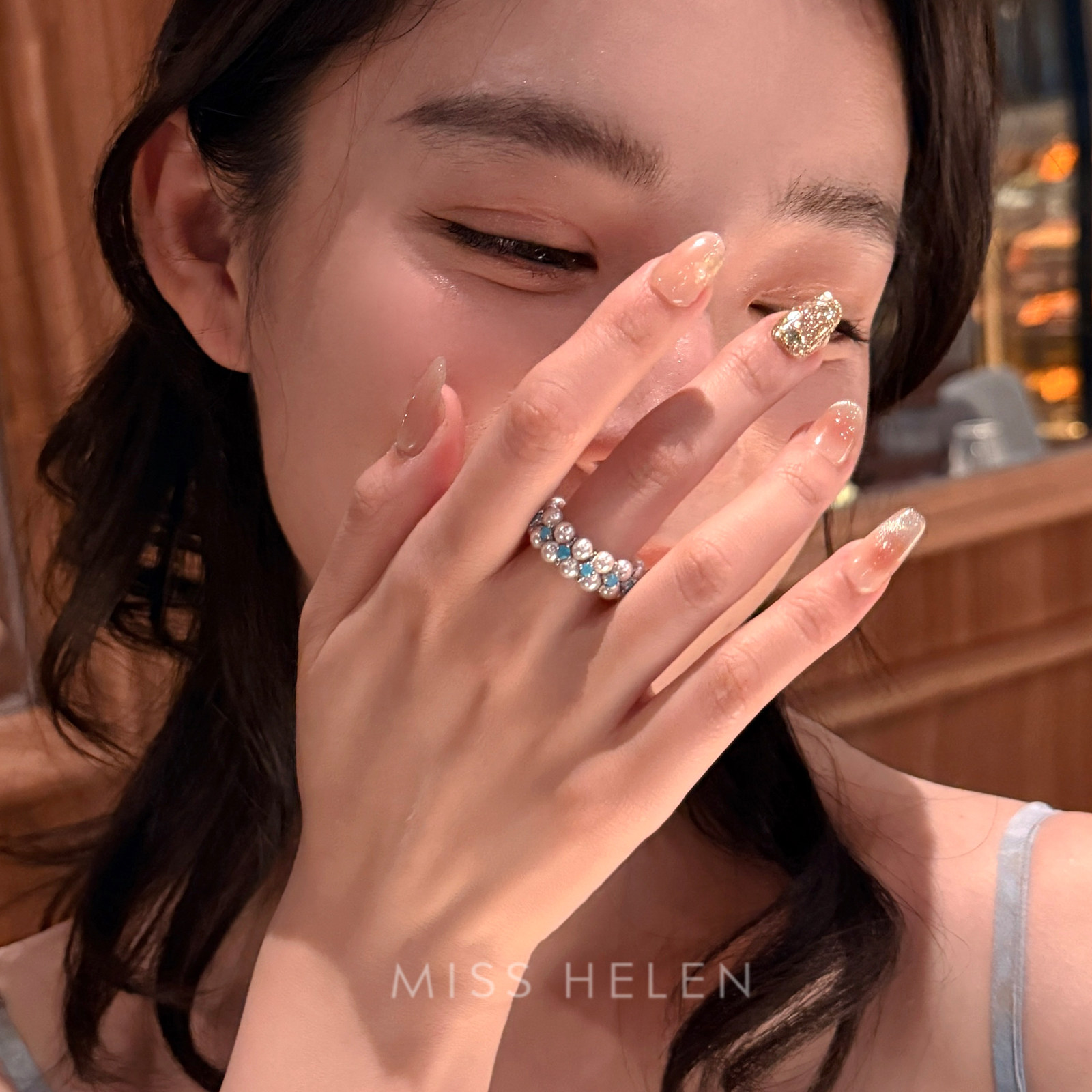 MISS HELEN浪花蓝 天然水珍珠双排戒指经典时尚百搭精致轻奢