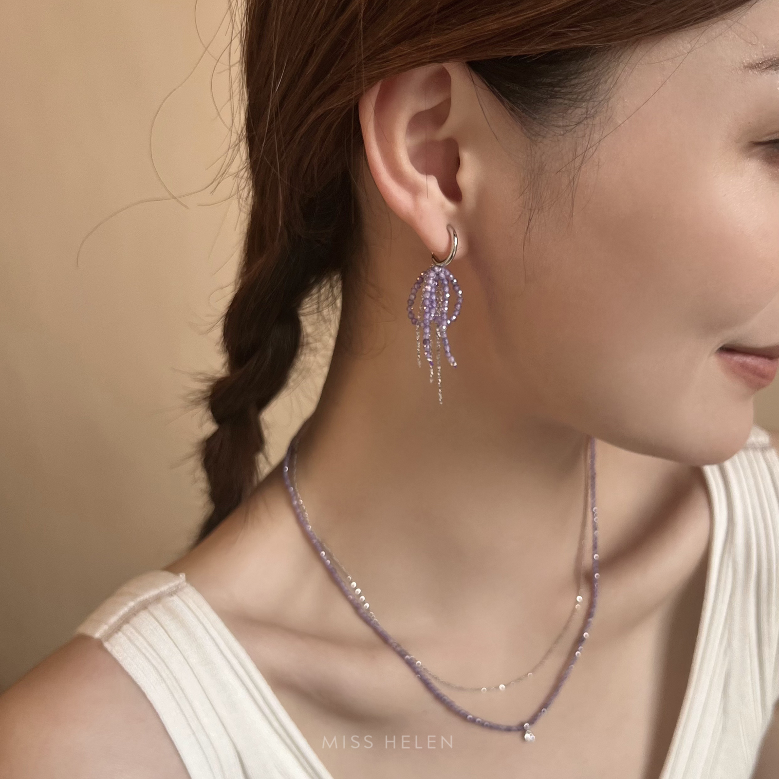 MISS HELEN水晶蝴蝶结耳夹女耳钉S925银流苏锆石耳环超仙温柔耳饰
