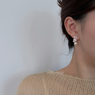 MISS HELEN百分比精致耳钉仿珍珠蚊香盘耳环送礼物耳夹女合成锆石