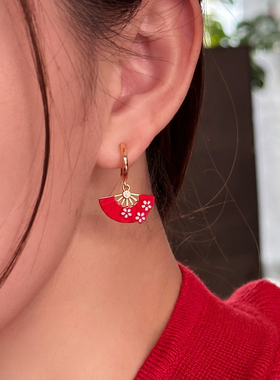 红色吉扇新中式耳钉复古国风硅胶耳夹高级新年礼物耳环耳坠质感女