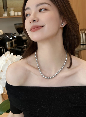 MISS HELEN真多麻珍珠渐变项链女天然珍珠颈链灰色气质轻奢高级感