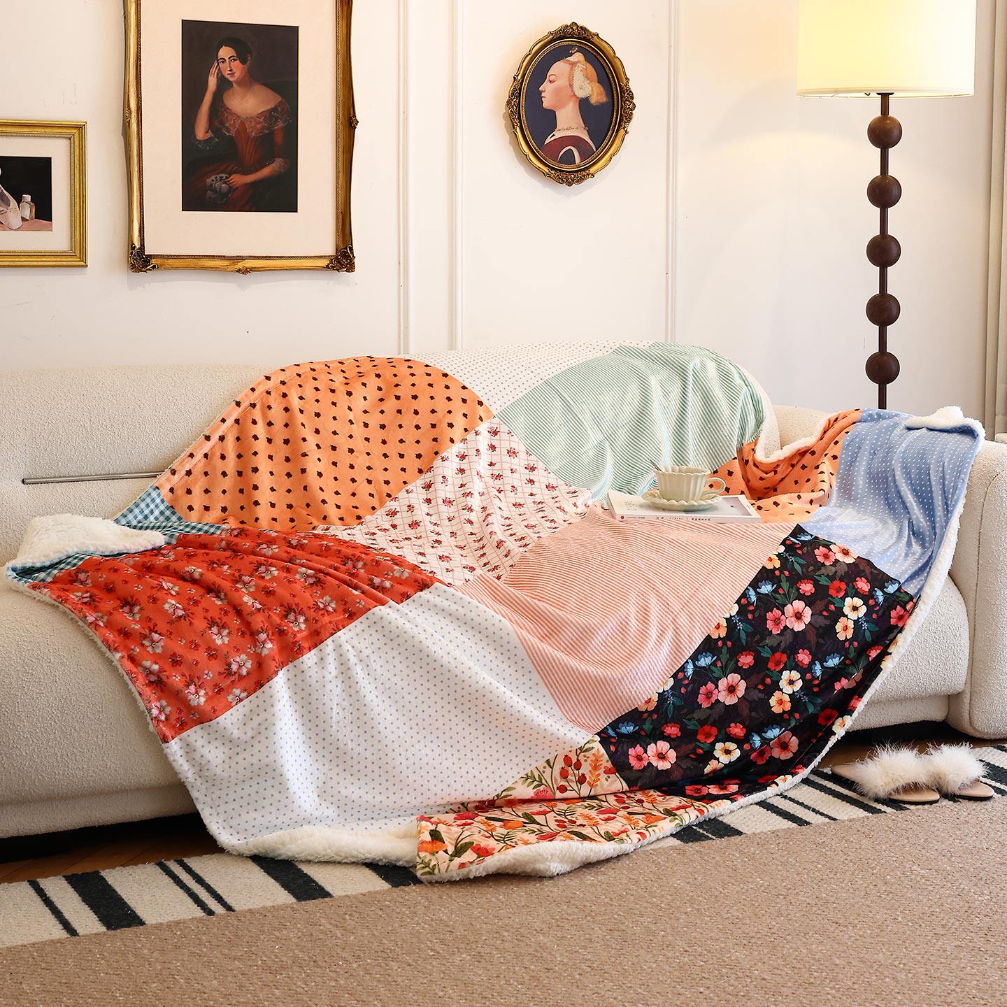 秋冬双层午睡盖毯 ins小碎花拼格加厚沙发毛毯 办公室披肩小毯子