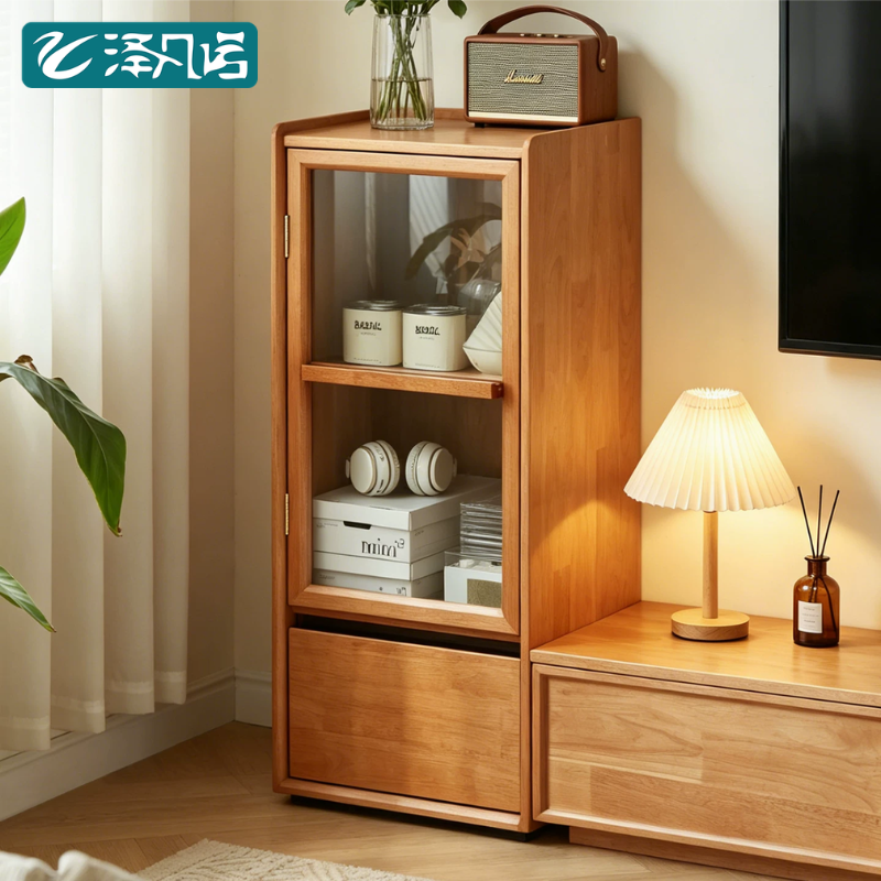 实木边柜客厅置物柜窄柜中古风茶水柜沙发旁立柜电视柜手办展示柜