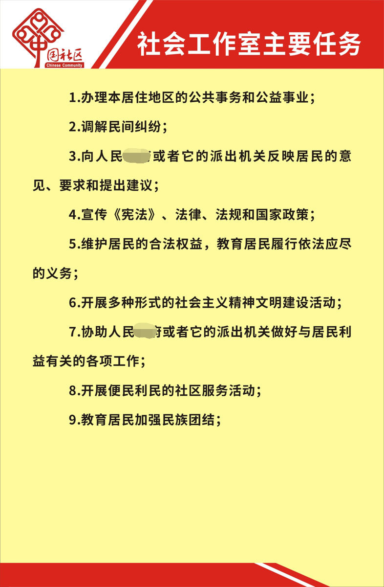 m768社区小区服务站社会工作室主要任务制度牌2514海报印制54-18
