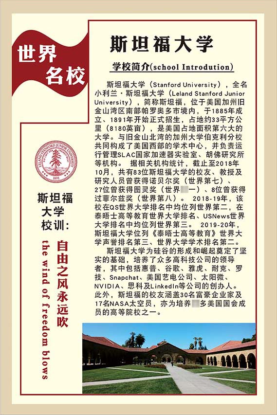 m769斯坦福大学简介绍校训徽宣传墙贴纸挂图1353写真展板海报印制