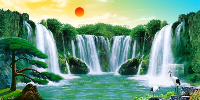 756海报印制展板写真喷绘713流水发财瀑布山水太阳风景画装饰画