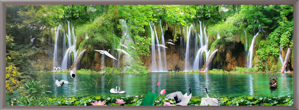 763海报印制展板写真素材255河流水瀑布仙鹤船只山水风景装饰画