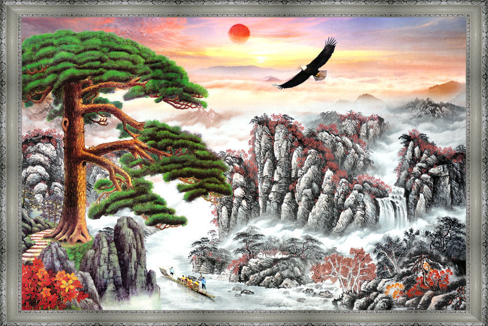 763海报印制展板写真素材253迎客松旭日东升上大展宏图水墨风景画