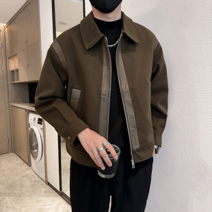 轻熟风呢子外套男士短款百搭潮流修身帅气拼皮宽松韩版大衣男夹克