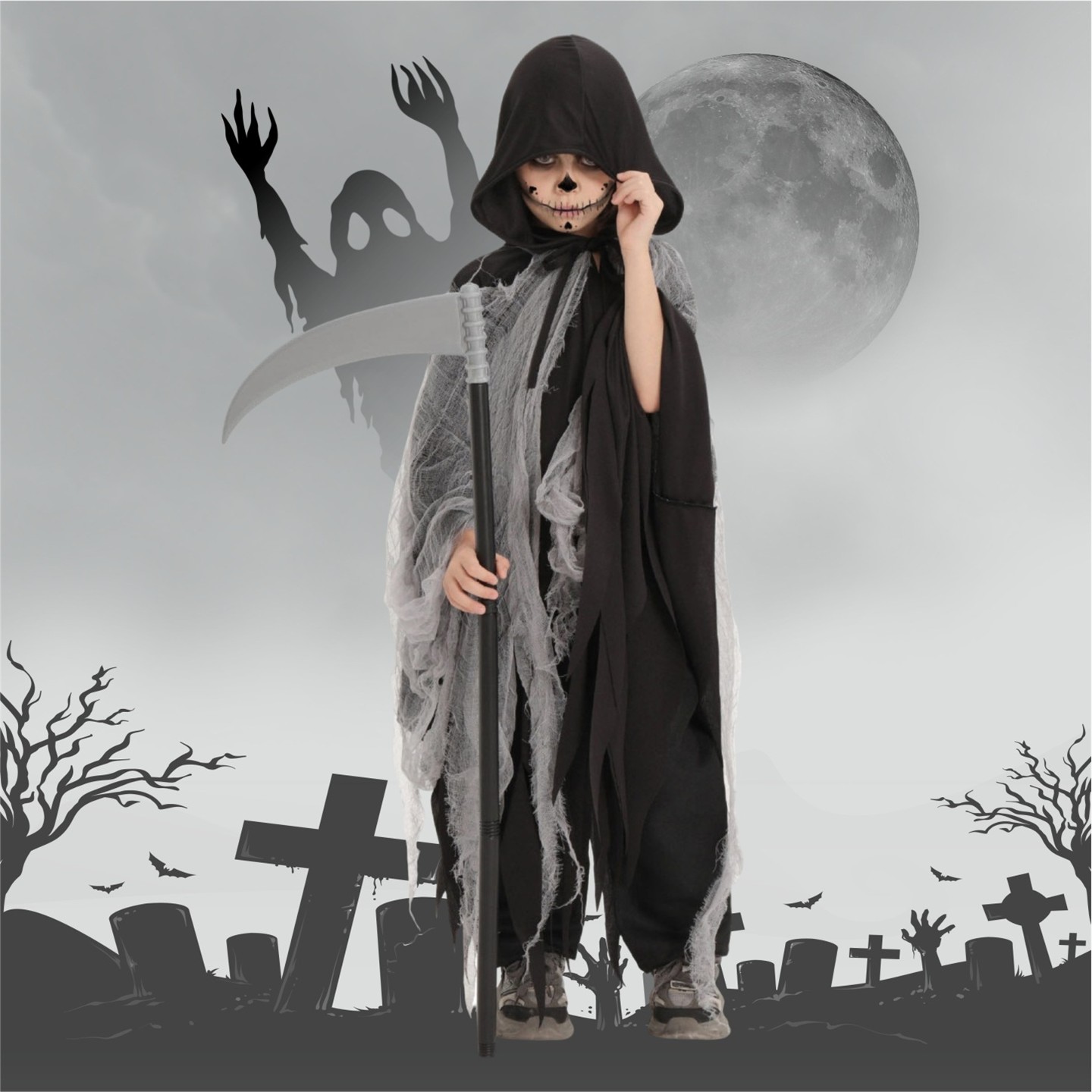 万圣节儿童cosplay服装恶魔恐怖暗夜幽灵斗篷男女童死神披风道具