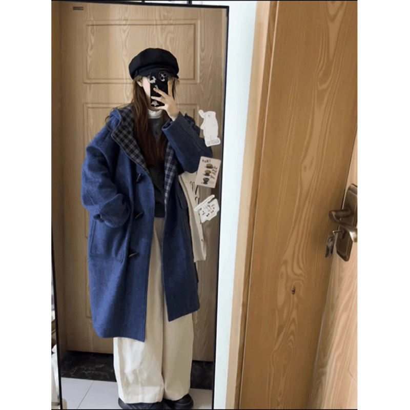 韩系复古蓝色毛呢外套女秋冬季2025新款小个子牛角扣宽松连帽大衣