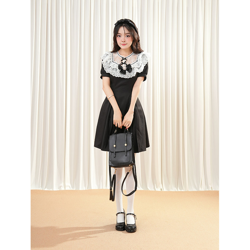 古早味蝴蝶结裙 日系甜美蕾丝黑色系蓬蓬连衣裙2025夏季小个子女