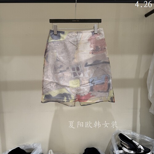 欧洲站2026夏季新款百搭高腰显瘦涂鸦短款复古半身裙A字裙98528