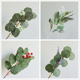 仿真绿叶人造尤加利 插花餐桌摆件装饰桉树叶单支带果仿真红果花