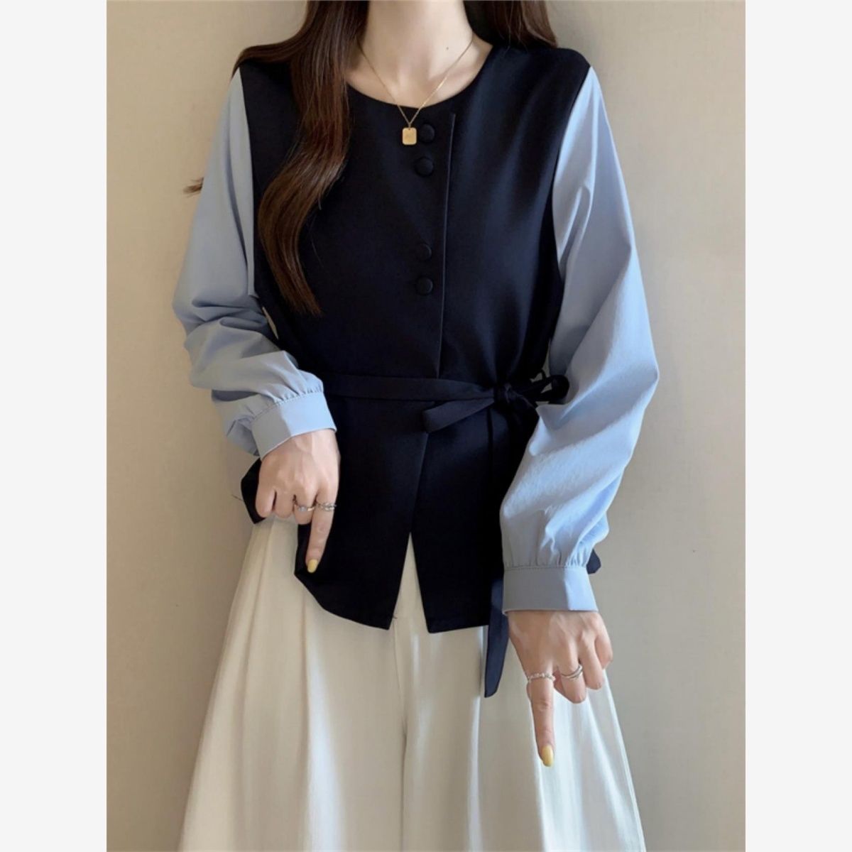 法式学院风拼接衬衫女长袖秋季新款洋气高端上衣独特高级感打底衫