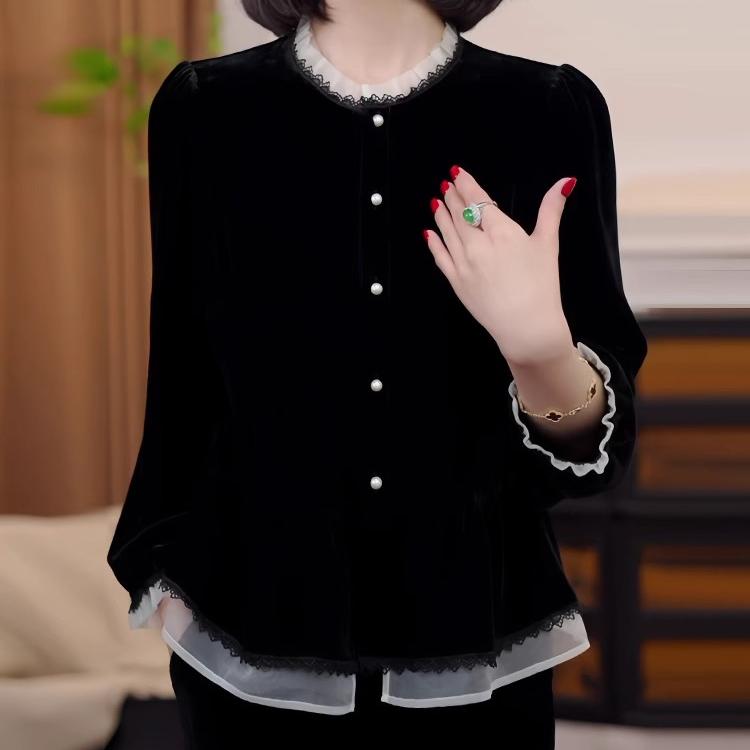 法式假两件衬衫女士2025秋季新款气质休闲显瘦黑色丝绒打底衫上衣
