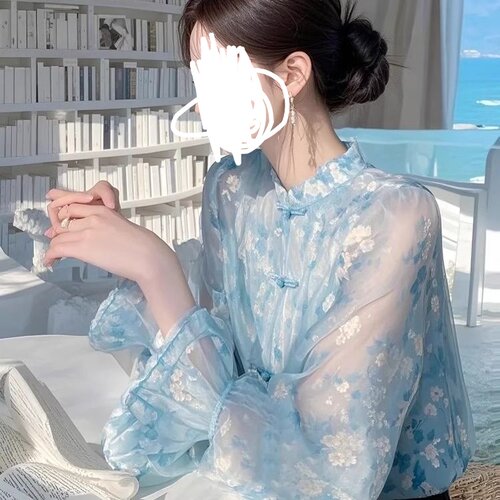 蓝色碎花轻奢长袖漂亮时尚衬衫2025新款超仙气质独特减龄洋气上衣