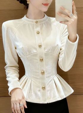 秋季巨好看设计感上衣韩系独特漂亮绝美高级感白色丝绒掐腰衬衫女