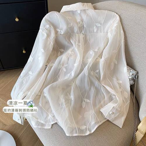 新中式中长款防晒天丝衬衫女夏薄纱冰丝开衫衬衣外搭普宁刺绣上衣