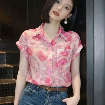 短袖翻领小衫女2026夏季新款气质天丝衬衫通勤百搭遮肉显瘦上衣潮
