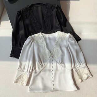 缎面衬衣气质小衫 宫廷风衬衫 御姐性感 收腰蕾丝上衣法式 醋酸泡泡袖