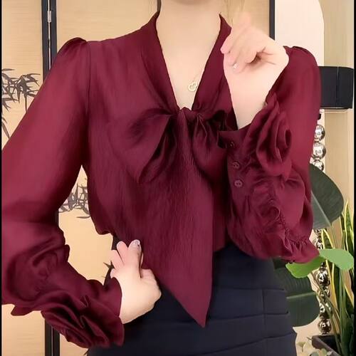 酒红色雪纺衬衫女春装2025年新款蝴蝶结高端显瘦百搭轻熟上衣洋气