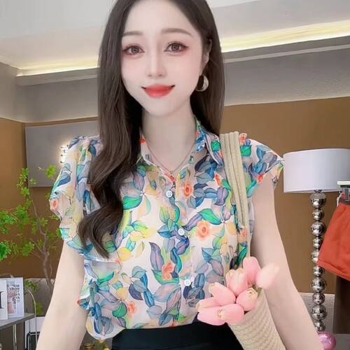 时尚气质碎花上衣女新款2025夏季设计感宽松显瘦小飞袖雪纺衬衫潮