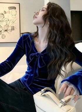 新中式国风女装蓝色丝绒上衣秋冬高级感轻奢内搭打底独特漂亮小衫