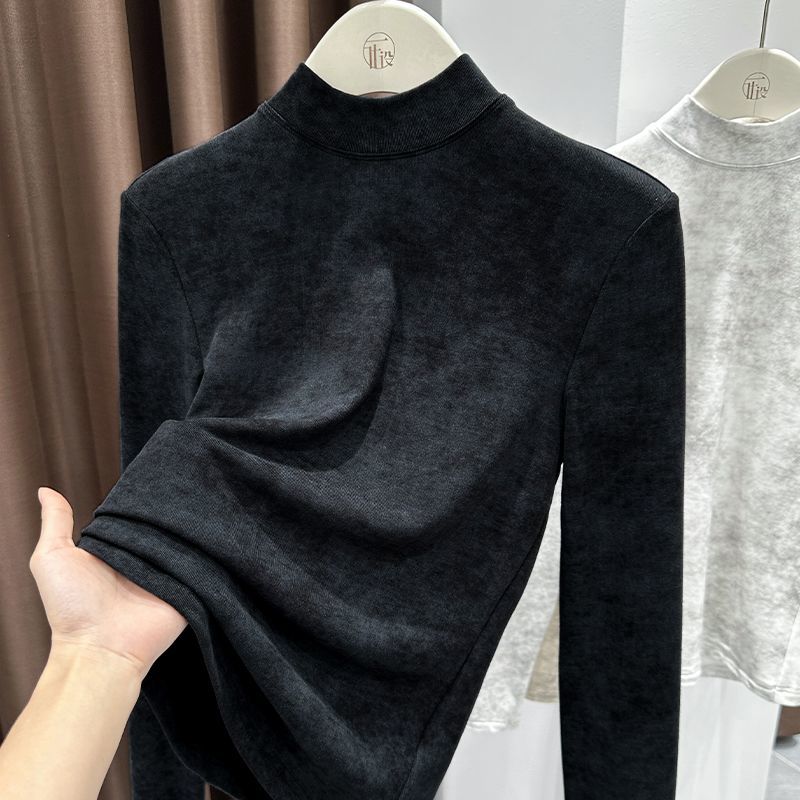 半高领磨毛加绒打底衫女秋冬季抽褶收腰显瘦保暖别致扎染上衣内搭