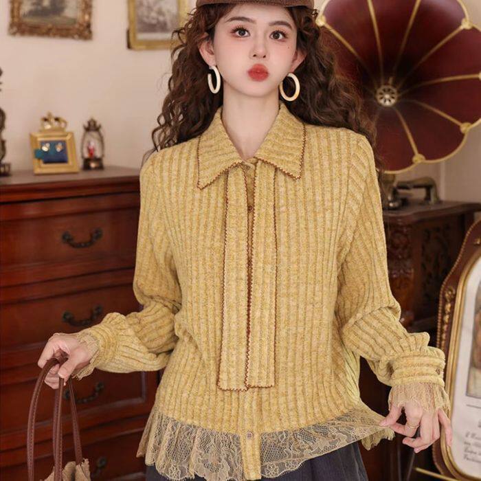 大码冷淡系高级感蕾丝拼接衬衫女秋冬胖mm显瘦复古内搭可外穿上衣