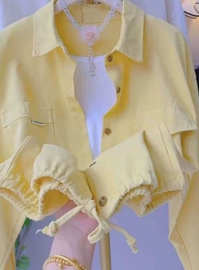 黄色POLO领短款牛仔棉衬衫外套女春秋小个子下摆抽绳法式别致衬衣