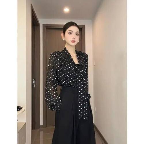 绑带波点雪纺衬衫女2025夏季流行单品新款防晒罩衫遮肉长袖上衣潮