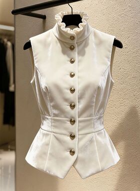 马甲女款2026新款夏季超火小香风掐腰叠穿白色立领木耳边丝绒马夹