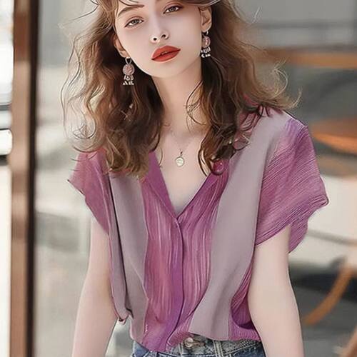 法式紫色条纹拼接小香风外搭轻奢短袖衬衫2025新款高级上衣女夏