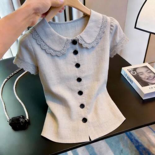 韩版复古浅灰蕾丝娃娃领短袖衬衫女夏季宽松设计感小众高级感上衣