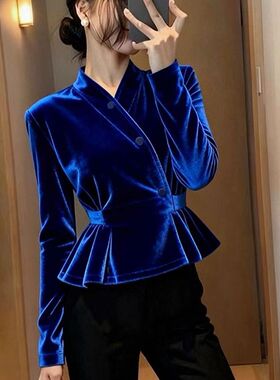 2025秋季单穿超好看上衣高端气质漂亮深蓝色丝绒小衫掐腰长袖衬衫