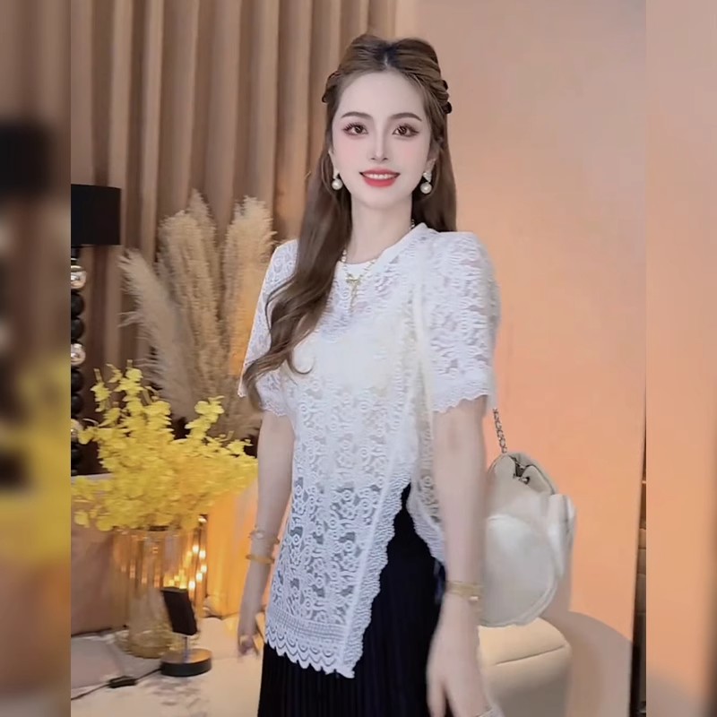 性感微透蕾丝提花镂空白色短袖T恤女夏季设计感宽松气质开叉上衣