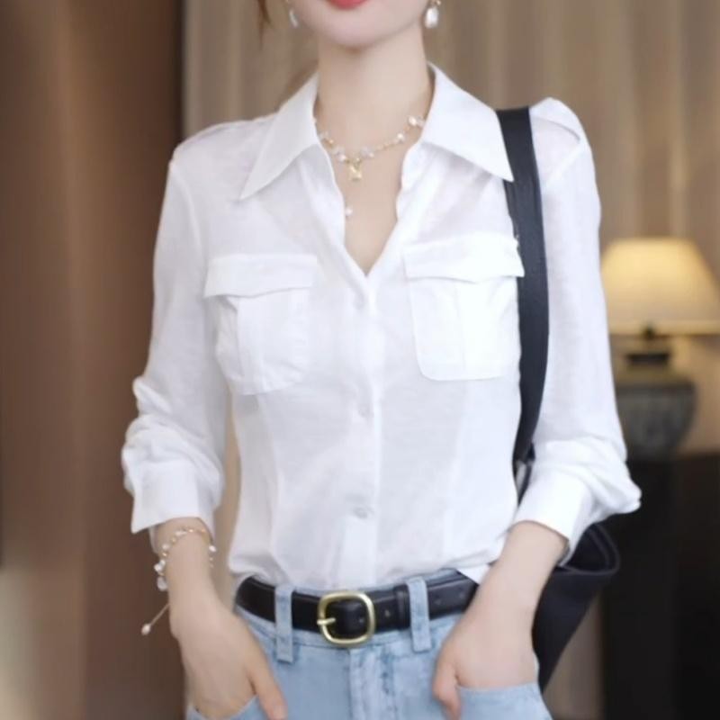 大码韩版白色翻领长袖衬衫女装早秋新款胖mm显瘦百搭气质时尚上衣