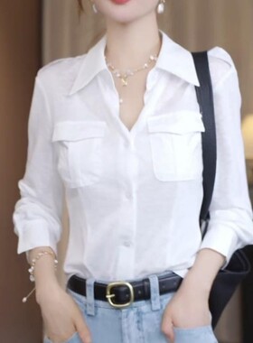 大码韩版白色翻领长袖衬衫女装早秋新款胖mm显瘦百搭气质时尚上衣