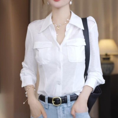 大码韩版白色翻领长袖衬衫女装早秋新款胖mm显瘦百搭气质时尚上衣