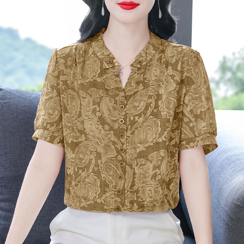 杭州高端大牌真丝衬衫女士短袖碎花小衫2025夏新款时尚桑蚕丝上衣