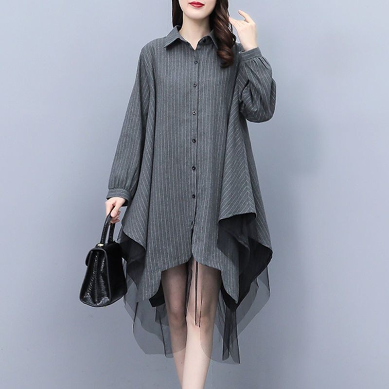 潮牌大码衬衫女2023新款春装韩版宽松胖mm遮肚上衣中长款显瘦衬衣