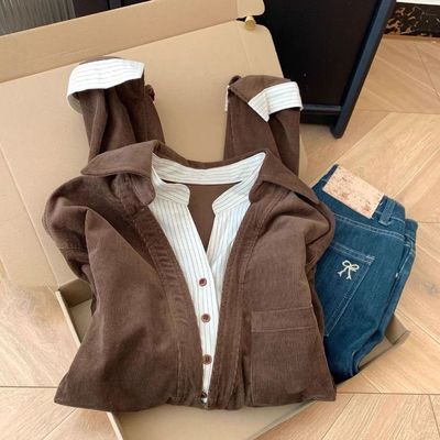 假两件翻领灯芯绒长袖中长款拼接衬衫女士设计感小众宽松显瘦上衣