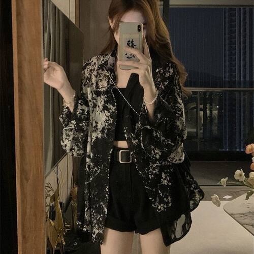 水墨黑白花纹衬衫秋季围脖女韩版百搭高级感保暖衬衫上衣