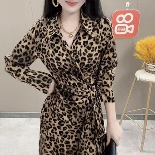 气质御姐范雪纺豹纹连衣裙女V领衬衫裙时尚百搭中长款系带长袖裙