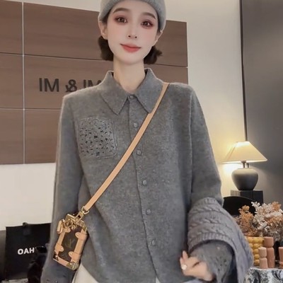 镂空刺绣设计翻领毛针织衫女2025秋冬新款高级感百搭打底毛衣开衫