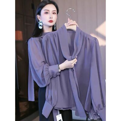 2026春季新款法式长袖系带领落肩雪纺衫气质轻奢优雅风女装上衣潮
