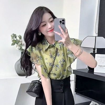 港风设计感撞色碎花飞飞袖衬衫女2025夏季新款气质减龄无袖上衣潮