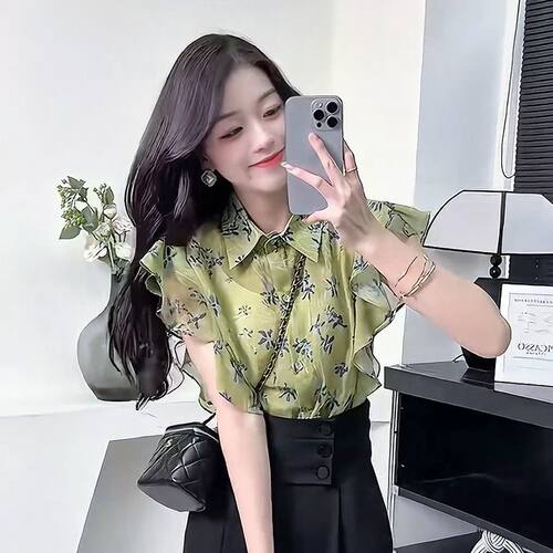 港风设计感撞色碎花飞飞袖衬衫女2025夏季新款气质减龄无袖上衣潮